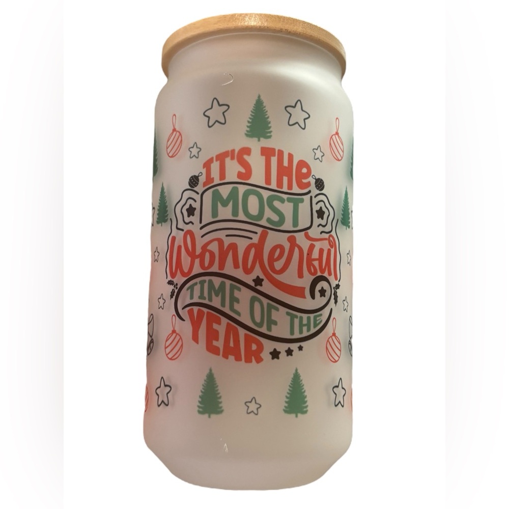 Most Wonderful Time Of The Year 16 Oz Glass Can With Lid And Straw